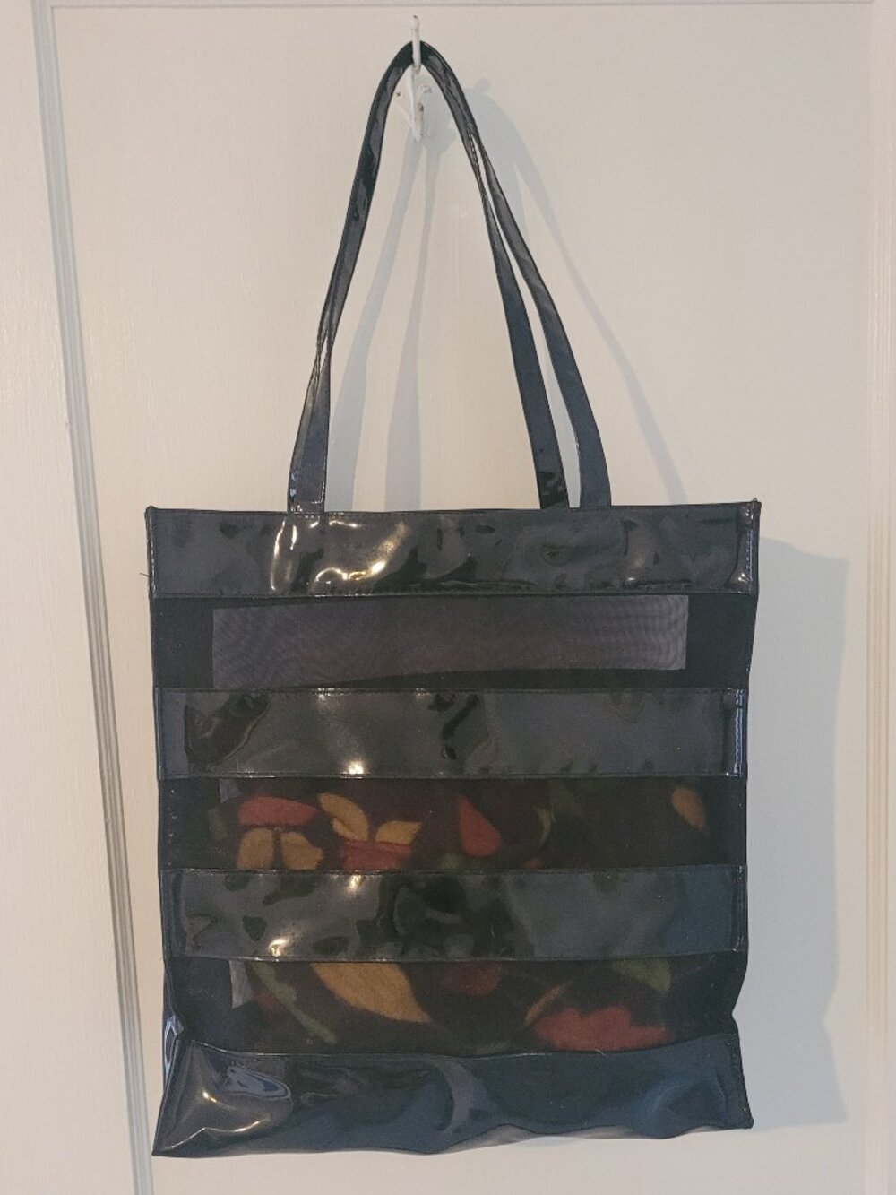 Elizabeth Arden Black Faux Patent Leather & Mesh Tote Bag - Beach Ready!
